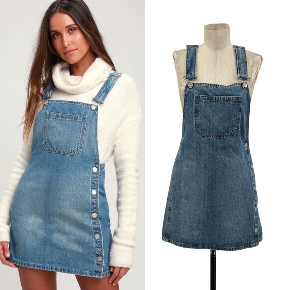 Free People Louise Denim Skirtall Overall Dress Medium Wash Blue Size 0 - Picture 1 of 13